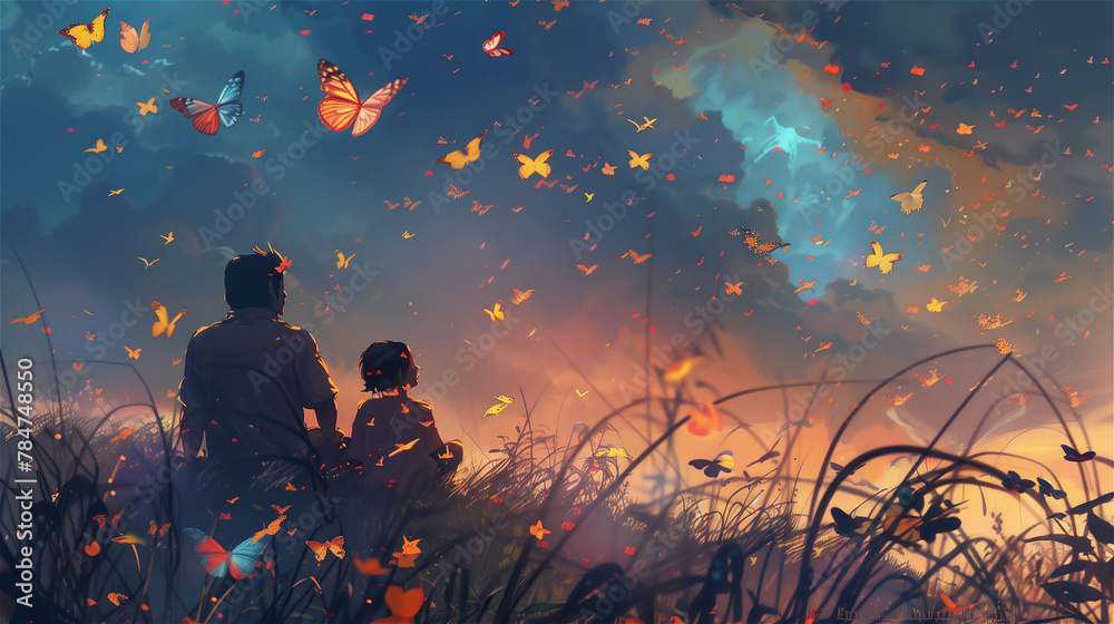 Father with daughter sitting on the hill and watching the butterflies flying above the meadow. Oil painting on canvas.