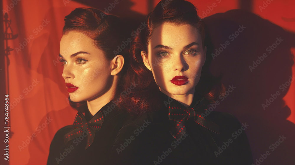 A woman with a retro-inspired look stands by a mirror, her reflection and poised demeanor suggesting a timeless elegance