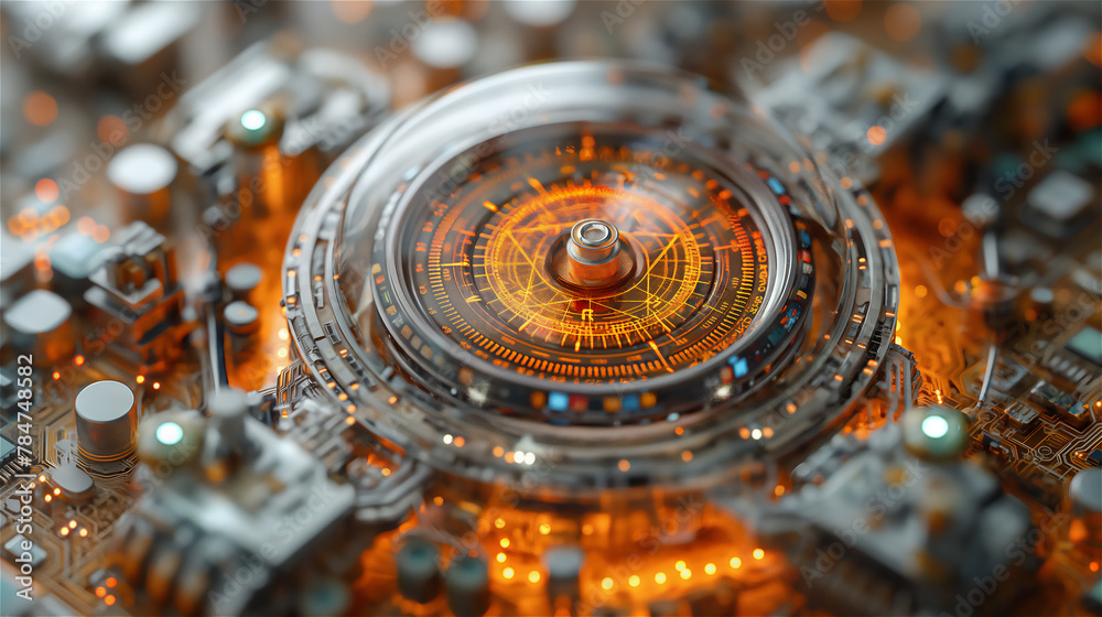 A close-up of a digital compass that marks: strategy for businesses, path on the future, creative strategy, market decision, financial stock, company or life vision.