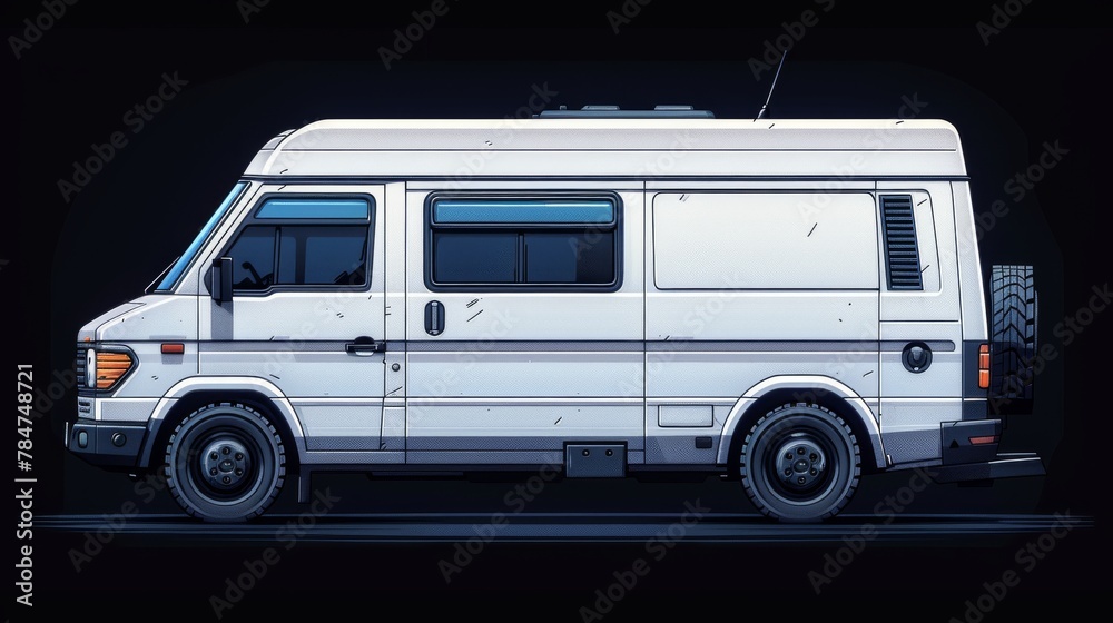 High-quality isometric view of a modern white van on a dark background, showcasing design and functionality