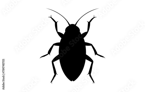 Black silhouette of a cockroach isolated on white backdrop. Vector illustration. Pest control and infestation concept for design, print and educational material.