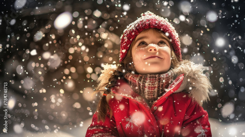 A young girl, dressed in a red coat and hat, is joyfully playing in the snow