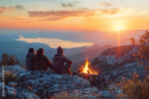 Three friends sit beside a campfire  sharing stories and enjoying a breathtaking mountain sunset together