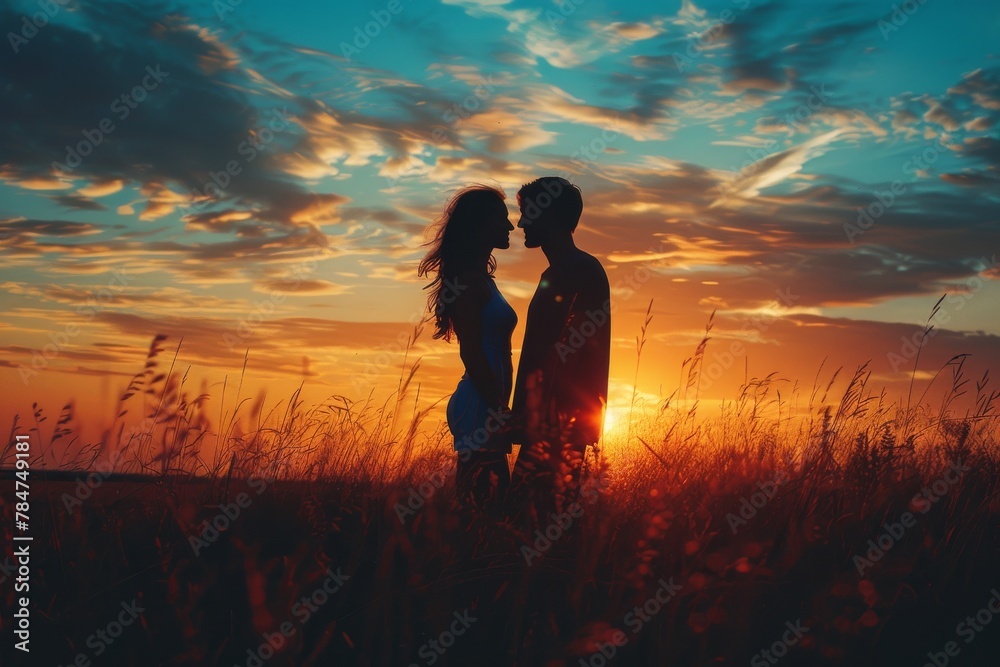 An intimate silhouette of a couple embracing, with golden sunset and wild grass creating a romantic backdrop