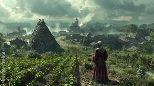 Photorealistic depiction of a medieval peasant woman overlooking a foggy village photo