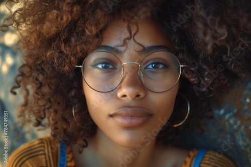 A young woman with curly curls and spectacles looks pensively at the camera, exuding confidence