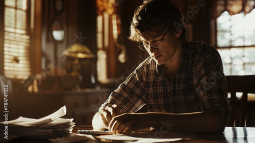 A young man in a checkered shirt is focused on reading and writing notes at a wooden desk, bathed in warm sunlight