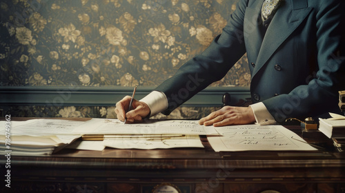 A well-dressed individual meticulously inks his signature onto paper, amidst the classic decor of an opulent office