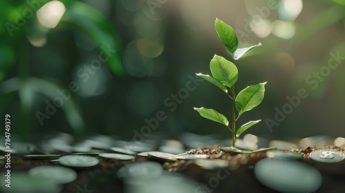 any pile coins with green plant for business growth and saving money concept. AI generated image