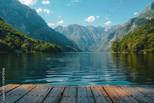 A tranquil scene with clear waters nestled among towering mountains viewed from a rustic wooden dock © Larisa AI