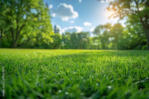 This tranquil image shows a lush green grass field illuminated by sunlight with a backdrop of towering trees and a clear sky