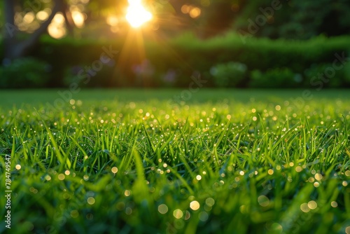 The image captures the lush green grass with dew droplets sparkling as the first rays of morning light break through the trees