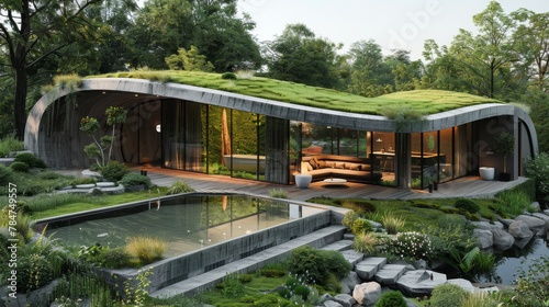 Modern eco-friendly building with lush rooftop garden in a serene park setting © Yusif
