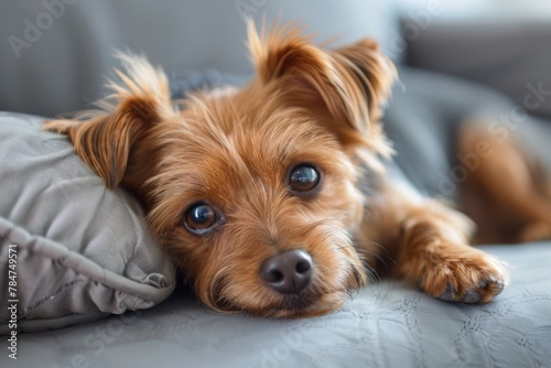 Close-up of a cute Yorkshire Terrier dog, relaxing on a grey sofa with a thoughtful, tender expression in its sparkling eyes © Larisa AI