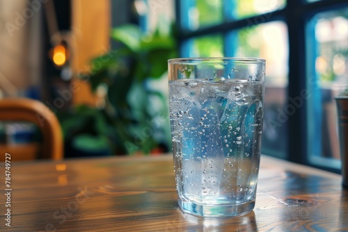 A refreshing cold glass of water filled with bubbles on a wooden table, with a blurred background of a cozy cafe