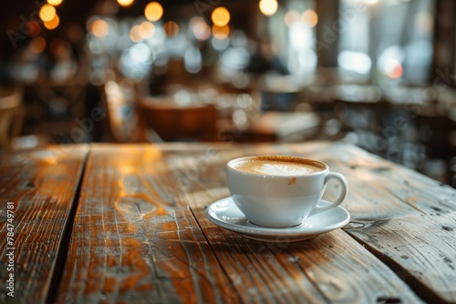 A steaming cup of coffee with a latte art design sits on a weathered wooden table in a cozy, blurred cafe setting