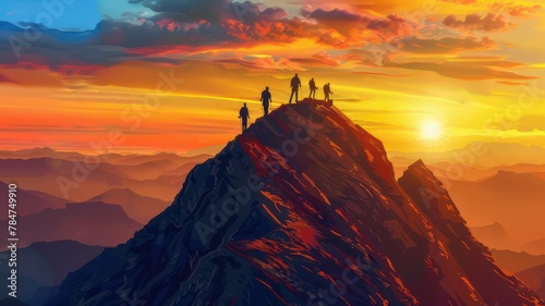 Several people climbing on a mountain summit at sunset created with Generative AI © mg photo