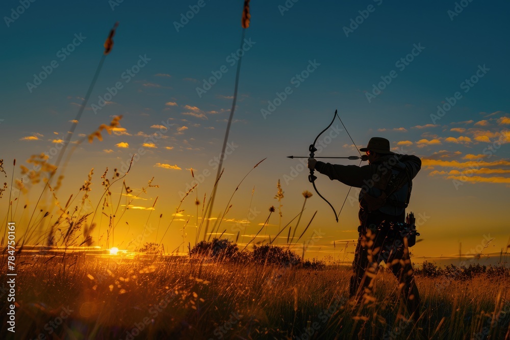 Aiming at Sunrise: Silhouette of Adult Male Bow Hunter Leisurely Hunting Cervid in Field with Arrow and Weapon