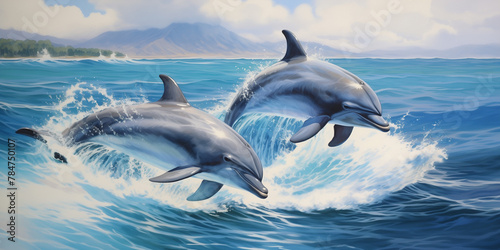 A pair of dolphins swimming side by side, their synchronized movements creating ripples that form intricate patterns on the water's surface. 