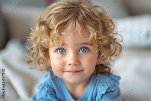 Adorable curly-haired young girl smiling with big, expressive blue eyes photo