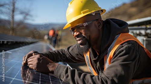 african american engineer installing a solar panel photo