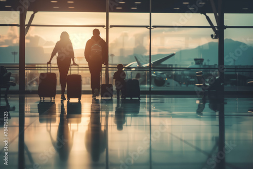 A European family with happy children, holding suitcases in their hands, walking in international airport