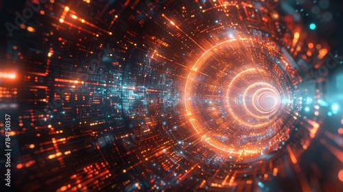 Futuristic digital vortex in vibrant orange and blue hues, representing advanced technology and cyber concepts