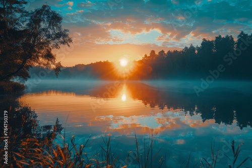 A serene sunrise over a misty lake with reflection, flanked by trees under a clear morning sky