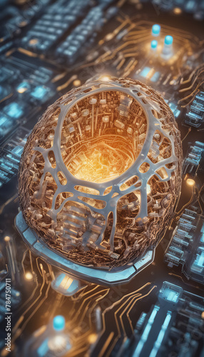 Abstract technological egg on a plate with microchips