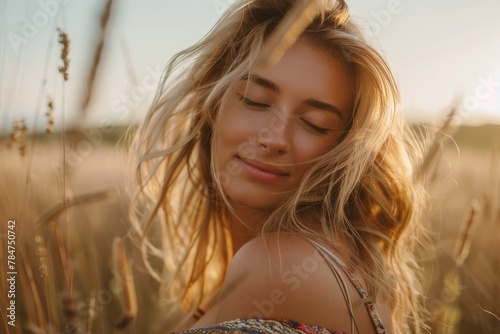 A serene young blonde woman enjoys a peaceful moment in a meadow during golden hour