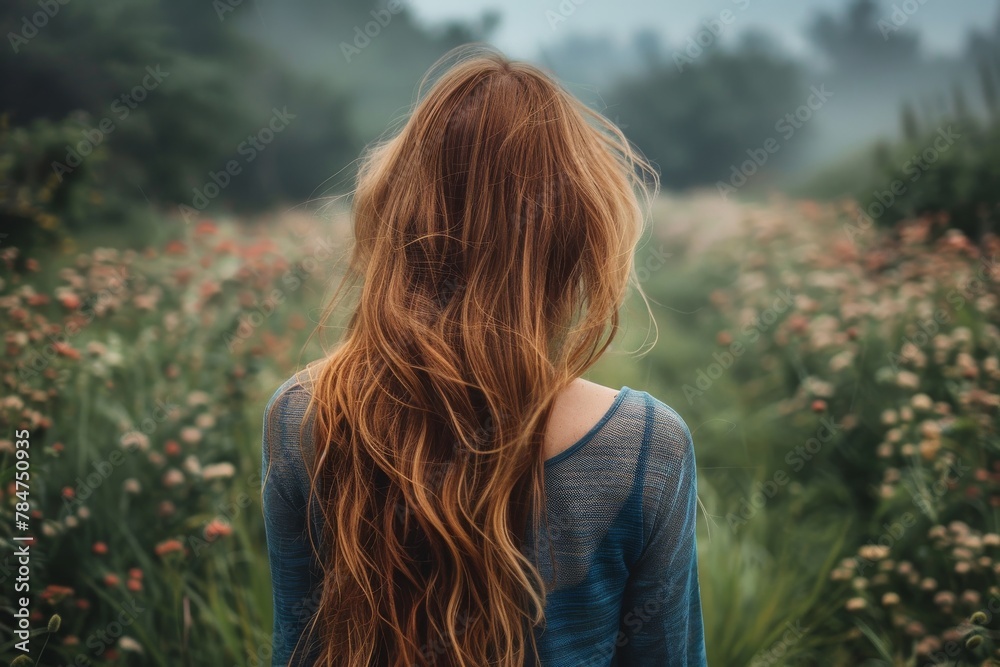 Evoking a sense of contemplation and solitude, a woman with long red hair looks out over a misty field of wildflowers, embodying tranquility and natural beauty Evoking a sense of contemplation and solitude, a woman with long red hair looks out over a misty field of wildflowers, embodying tranquility and natural beauty