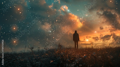 a man standing in a field looking at the stars in the sky above him photo