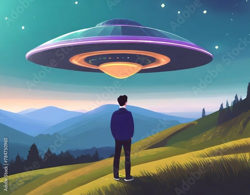 man standing on a hilltop watching a vivid flying saucer UFO