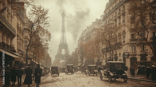 Sepia-toned view of a bustling 1920s Paris street with Eiffel Tower in the backdrop photo