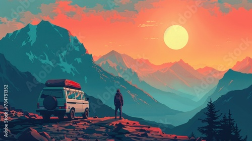 Traveler and van overlooking mountain sunset