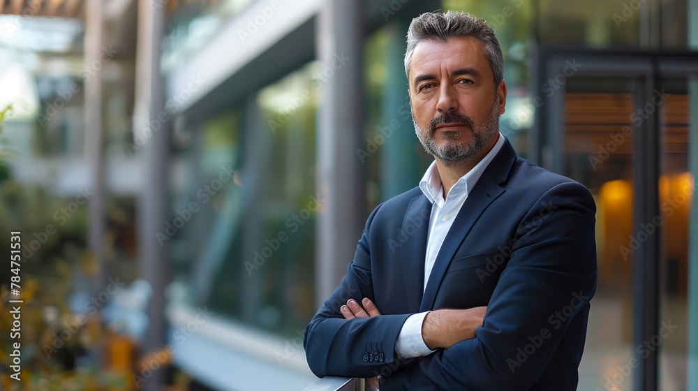 a businessman with his arms crossed standing in front of a building with a glass door and a window behind him a businessman with his arms crossed standing in front of a building with a glass door and a window behind him