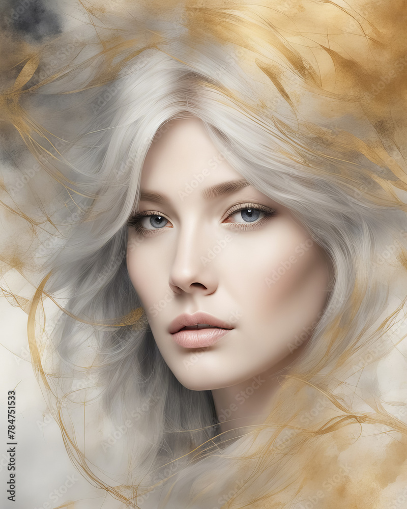 Girl with silvery hair against a background of watercolor color blending
