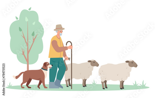 Shepherd man with dog herding sheep. Male character farmer taking care of sheep isolated on white background. Farming concept Vector illustration. © Елена Истомина