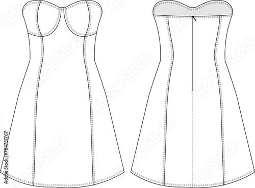 strapless sleeveless sweetheart neck zippered underwired denim jean short  a-line dress template technical drawing flat sketch cad mockup fashion woman design style model
