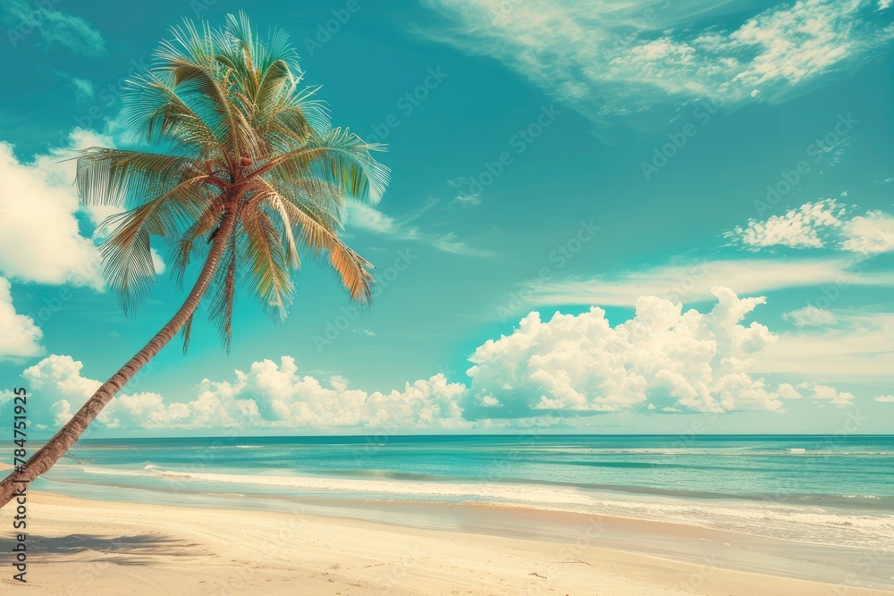 Palm tree on tropical beach with blue sky and white clouds abstract background. Copy space of summer vacation and business travel concept - generative ai