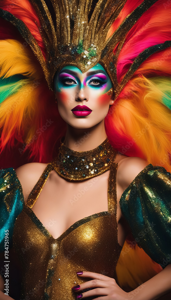 Fototapeta premium Portrait of a model with a colorful feathered headpiece and vibrant makeup