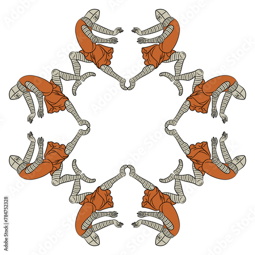 Geometrical frame with medieval knights in dynamic pose. Isolated vector illustration.