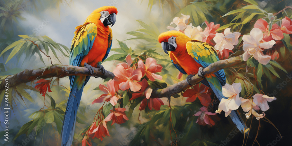 A pair of macaws perched on a tropical tree branch, their vibrant feathers and loving gazes capturing the essence of tropical paradise. 