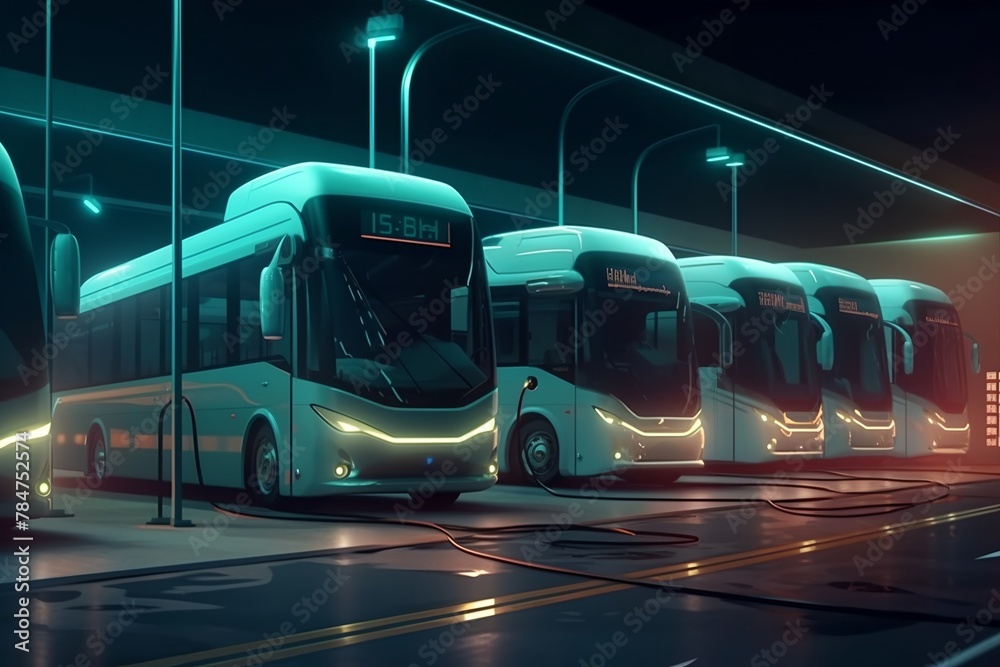 a row of buses parked in a bus station at night time