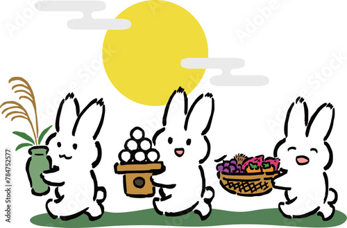 お月見の準備をする3羽のうさぎのイラスト　満月背景あり