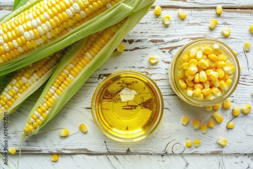 Sweet Harvest: Fresh Corn Oil from Farm to Table on Rustic Wooden Background © Web