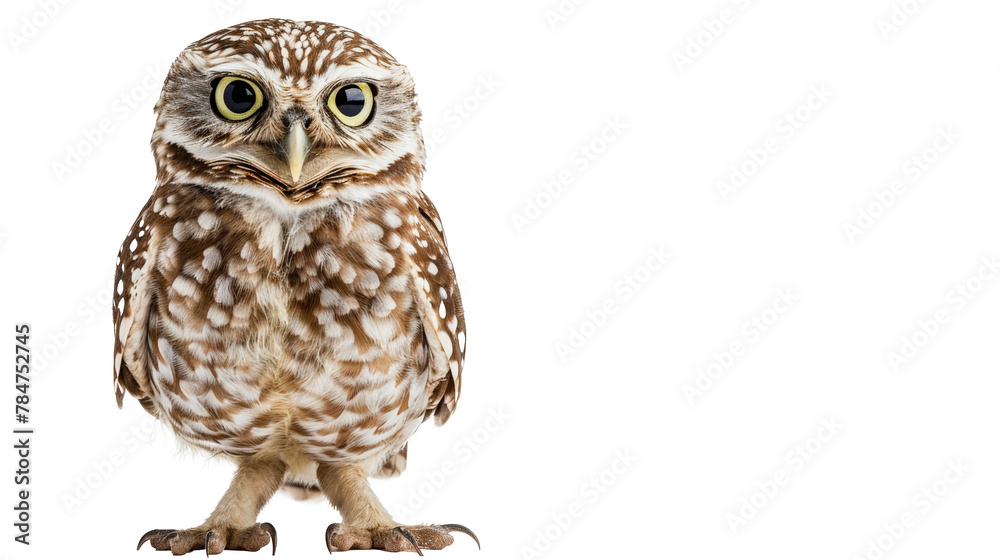 Naklejka premium Burrowing Owl Small brown and white owl with large yellow eyes standing against a plain light background.