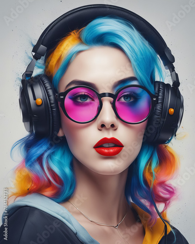 Woman with Colorful Two-Tone Hair and Headphones