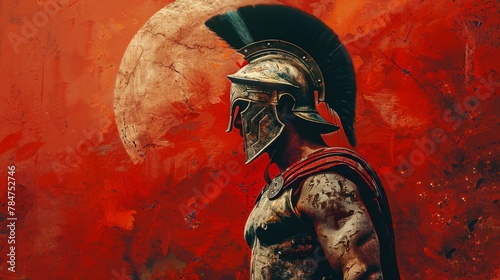 Spartan warrior in red cape under atmospheric sky, digital art representing history and heroism