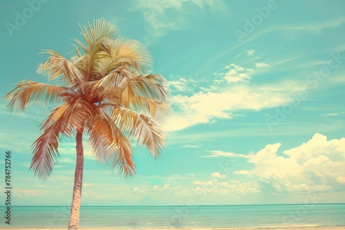 Palm tree on tropical beach with blue sky and white clouds abstract background. Copy space of summer vacation and business travel concept - generative ai